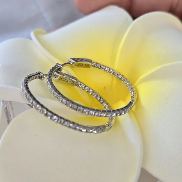 14k In And Out Diamond Hoops - Picture 6 of 9